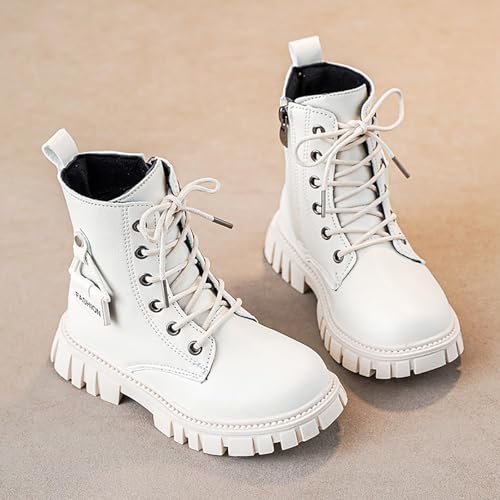 Girls Lace Up Riding Boots Side Zipper PU Leather Waterproof Mid Calf Riding Winter Boots Fashion Comfortable Round Toe Low Heel Combat Goth Leather Solid Color Ankle Booties 4-11 Years4
