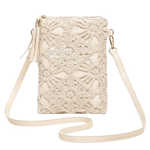 Image of QhgPnt Crossbody Bag for Women Girls, Raffia Straw Bag with Crochet Design, Holiday Beach Bag for Summer Outings and Evening Events, Compact Cross Body Purse with Adjustable Strap(White)