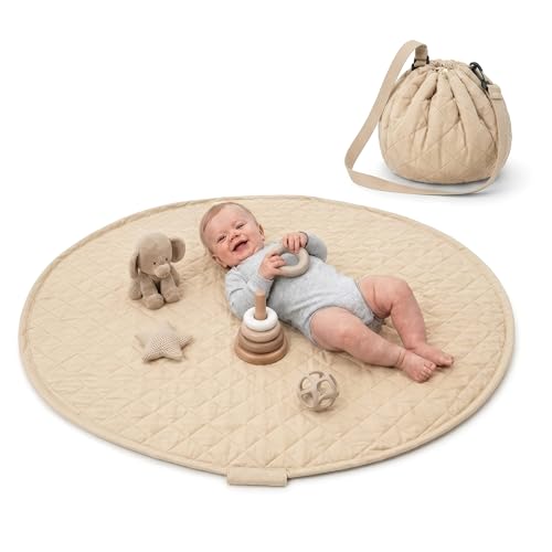 ZURMATRADE Manta redonda de 110 cm, extrasuave, acolchada, lavable, libre de sustancias nocivas, manta de juego para viajes, plegable, con asa extraíble, alfombrilla de juego, color beige