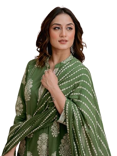 Image of Arayna Women's 100% Pure Cotton Printed Kurta Pant with Dupatta Set | Straight Kurta with Handwork Detail & Ethnic Print