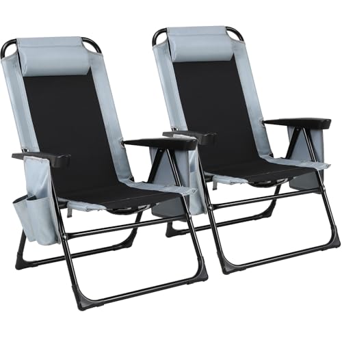 Lot de 2 Chaise de Camping Pliable Inclinable avec Bandoulière, Dossier Haut Réglable, Appuie-Tête, Sac à Glace, Fauteuil Pliant Exterieur facile à transporter pour...