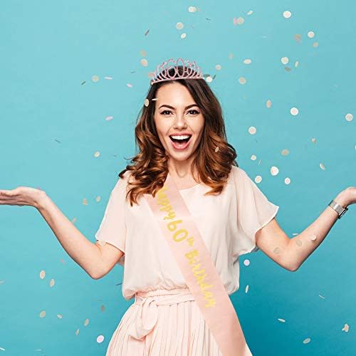 Rose Gold 60th Birthday Sash and 60 Birthday Tiara Rhinestone Crown Headband for 60th Birthday Gift Party Accessories (Rose Gold)