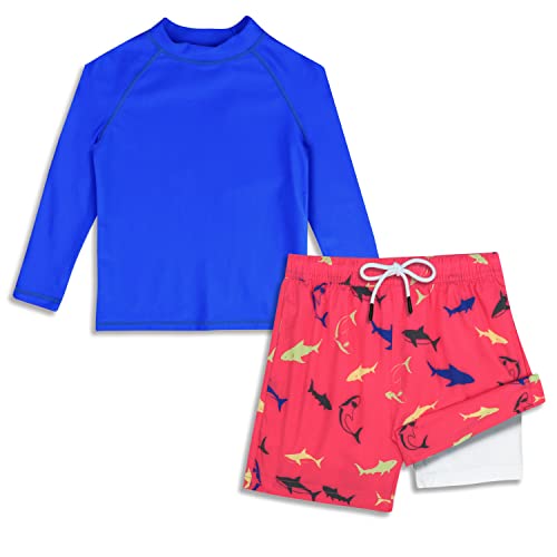 Boys Swim Set Size 6 Baby Boys' Rash Guard Shirts with Swim Trunks with Compression Lined UPF 50+ Red Shark