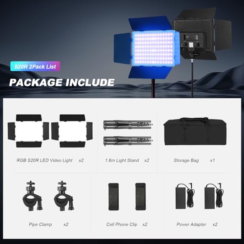 2Pack RGB LED Video Light 12.6in Panel with Barn Door Kit, 20W/2500~8500K/14 Effect/2000lux@0.5m RGB Studio Panel Light Kit with Phone Holder for Gaming Streaming Zoom YouTube Photography