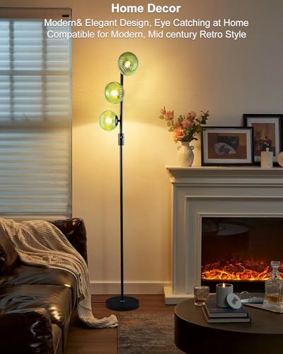 Image of Lightdot Dimmable Floor Lamp for Living Room with 3 Green Glass Globe Shade, Black Standing Lamps with Bulbs Included, Mid Century Modern Floor Lamp with 5Lbs Heavy Base for Living Room /Sofa Beside