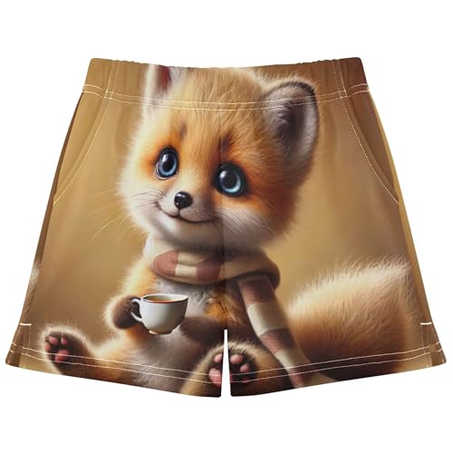 Girls Shorts Cozy Fox Coffee Time Print Cute Athletic Youth Pajama Comfy Summer Sleepwear Kids Clothes, X-Small