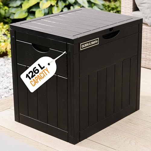 Olsen & Smith Lockable Outdoor Garden Plastic Storage Box Container Chest - Small Lawn Balcony Furniture, Weather Resistant, Wood Panel Effect (126L)