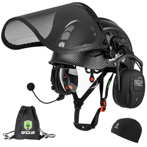 GREEN DEVIL Forestry Chainsaw Safety Helmet with Bluetooth Ear Muffs Arborist Helmet Hard Hat with Built-in Visor Face Shield 5 in 1 System Logging Garden Work Hardhats for Men Women