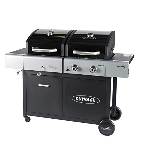 Outback Dual Fuel 2Burner Gas and Charcoal Trolley BBQ with Multi Cook