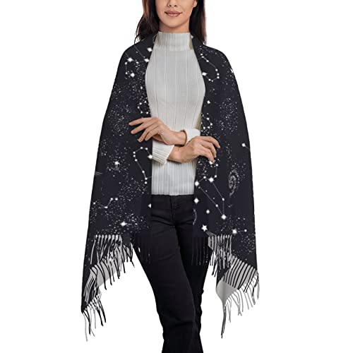 Bagea-Ka Moon Space Planet Stars Galaxy Universe Pattern Scarf Long Shawl Wraps Pashmina for Women Girls with Tassels Soft Warm Cozy