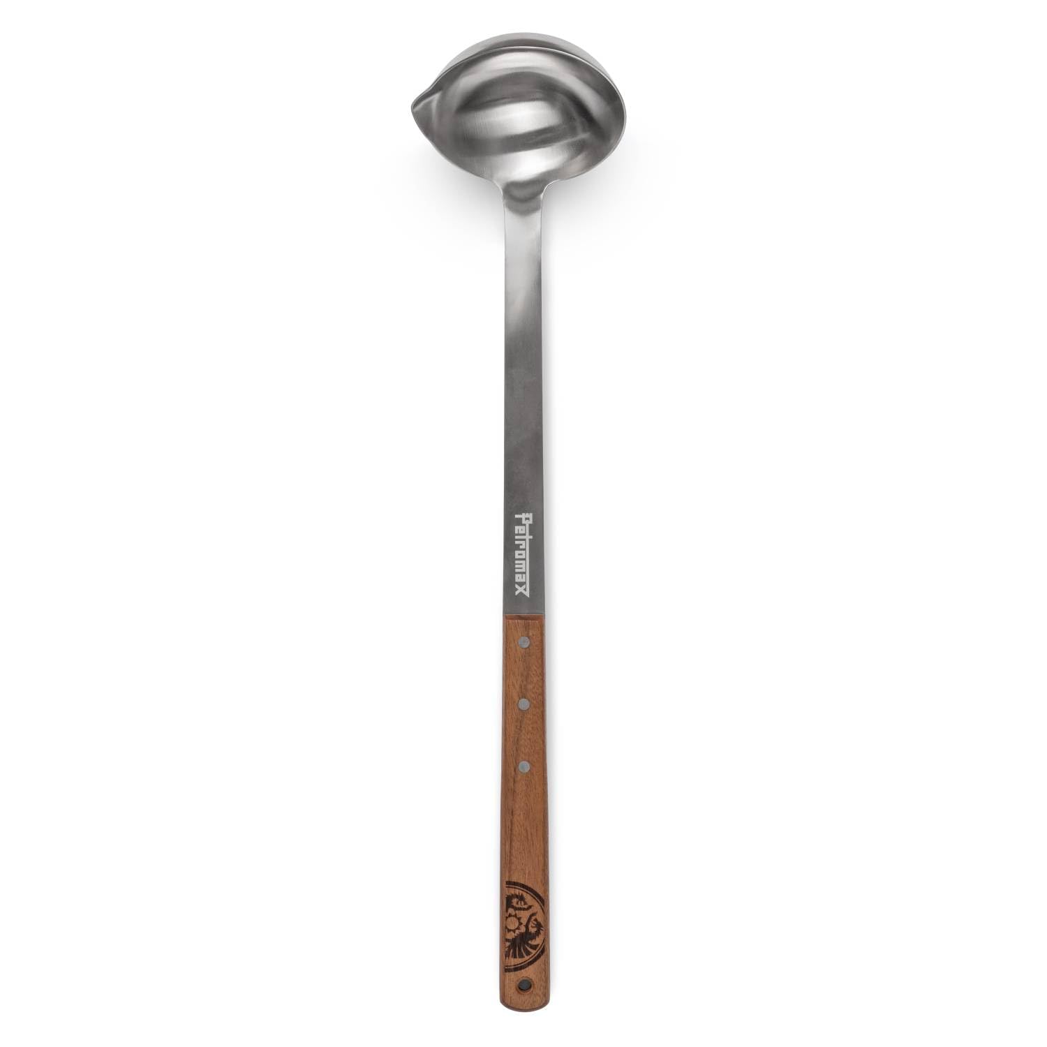 Petromax Cucharón de 50 cm – Paleta grande de acero inoxidable con mango de madera de nogal y boquilla para cocinar al aire libre