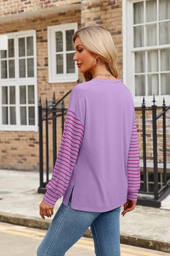 OFEEFAN Light-weight Lengthy Sleeve Shirts for Ladies Fall Vogue 2024 Colorblock Crew Neck tops Free Match Striped Shirt - Image 6