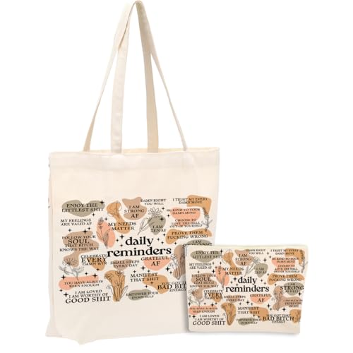 Daily Reminders for Women 2PCS Makeup Cosmetic Bag Canvas Tote Bag for Beach Shopping Work Office Self Love Gifts Inspirational Mental Health Gifts for Female Friend Colleagues Birthday Christmas