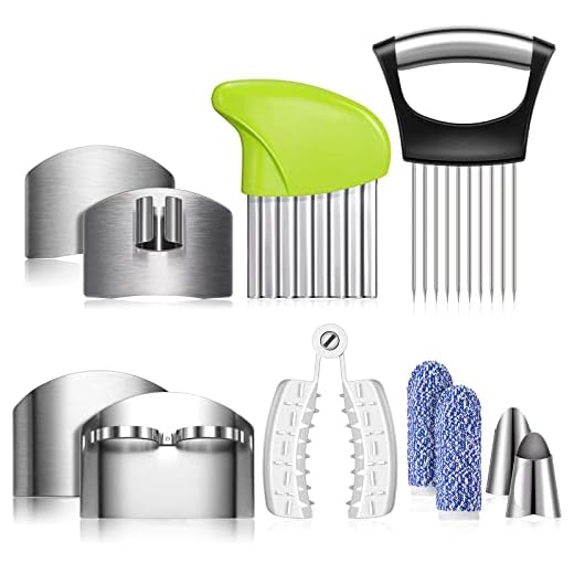 Romooa 11 Pieces Finger Guard Set for Cutting Include 4 Stainless Steel Knife Protector 2 Thumb Cots Potato Butter Lettuce Crinkle Cutter Onion Holder Slicer Mandoline