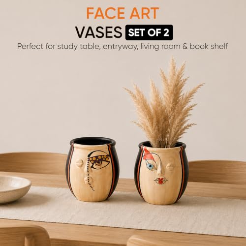 Image of Aakriti Art Creations Terracotta Face Art Twin Pots Set of 2 | Multicolor Modern Art Decorative Pots | Matte Finish Planters for Home & Office Table Decor
