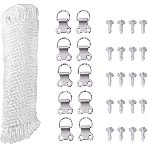 SISI UK® 6m x 3mm Picture Hanging Cord with 10 D-Ring Picture Frame Hanging Hooks and 20 Screws Cover