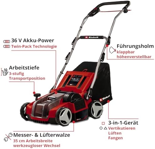 Bild 2 - Einhell Akku-Vertikutierer-Lüfter GE-SA 36/35 Li-Solo Power X-Change (36 V, Brushless, 35cm Messerwalze, 28L Fangsack, einstellbare Arbeitstiefe, ohne Akku)