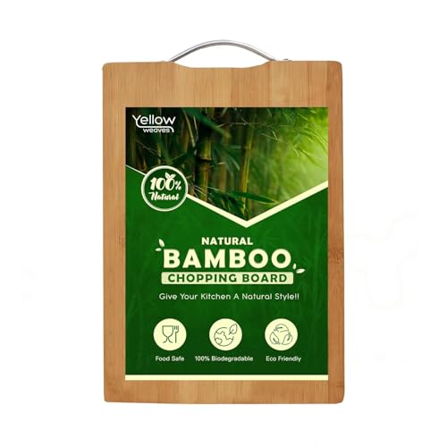 Image of Yellow Weaves Bamboo Wood Chopping Board Cutting Board with Metal Handle for Vegetables, Fruits, for Kitchen Use, Eco Friendly, BPA Free, Anti Microbial (20 x 30 CM, 1.8 CM Thickness)