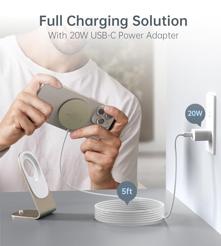 Image of Magnetic Wireless Charger for iPhone 17-12 Series + Aluminum Charger Stand | Mag Charger+20W USB C Adapter, Fast Wireless Charging Stand /Pad with 5ft USB-C Cable for iPhone 17 /16 /15 /14 /13 /12, Airpod Pro