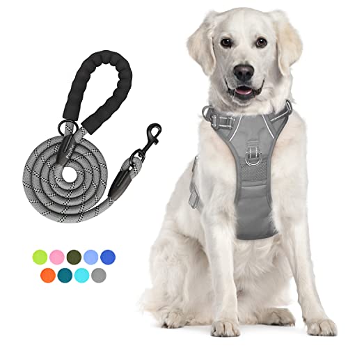 PoyPet No Pull Dog Harness and 5 Feet Leash Set, Release on Neck Reflective Adjustable Pet Vest, Front & Back 2 D-Ring and Soft Padded Pet Harness with Handle for Small to Large Dogs(Grey,L)