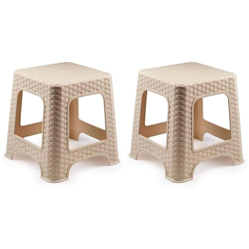 AC   Pack de 2 taburetes Rattan de plástico   Imitación de Mimbre   Banqueta Multiusos, Cocina, salón   Fabricado en España (Marrón Claro   33 x 32,5 x 32,5 cm)
