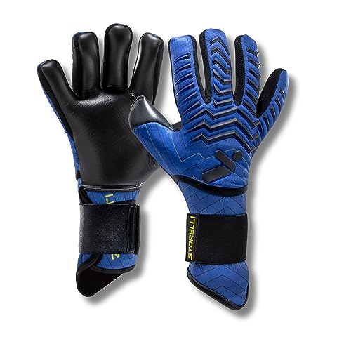 Storelli Electric Goalkeeper Gloves, High-Impact Hand Protection with 5 Removable Finger Spines, German Contact Latex, Wrist Strap, Extended Cuff, Youth & Adults, Unisex, 1 Pair, Blue Charge, Size 6