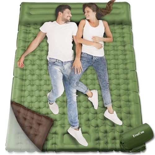 FreeCon Camping Sleeping Pad Double Ultra Thick 11cm Full Air Mattress Self Inflating Portable Mat Bed with Built in Foot Pump & Pillow for Adult Travel Hiking Backpacking Beach Picnic (Green+Khaki)