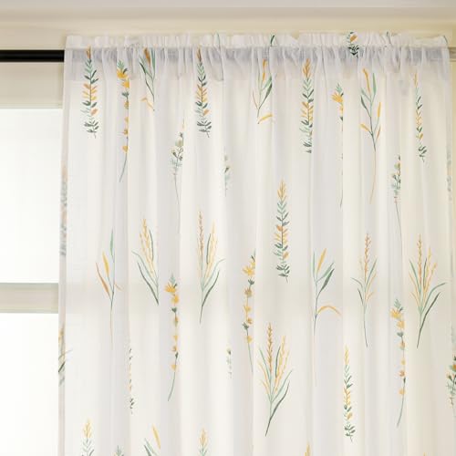 Image of HOMEMONDE Cotton Curtains for Window - Transparent Sun Light Filtering Sheer 6 Feet Curtain, Rod Pocket Top Style 1 Piece - (Yellow & Green, 72 Inch)