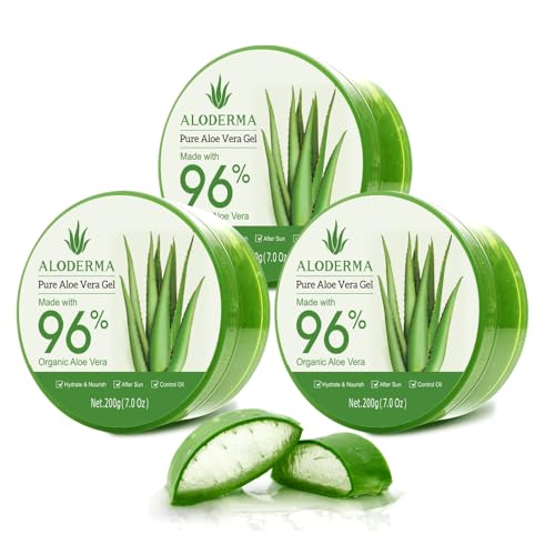 Aloderma Aloe Vera Gel Made within 12 Hours of Harvest with 96% Pure Organic Aloe Vera for Skin, Scalp, &amp; Hair, Soothing Aloe Face Moisturizer, Multipurpose, Hydrating Aloe Gel, 7oz, 3-Pack