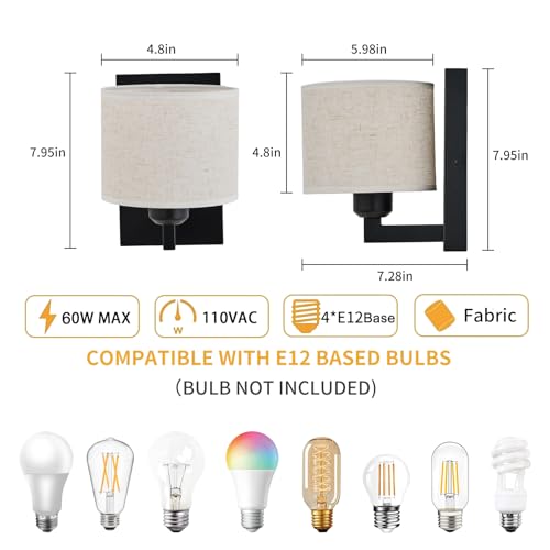 Image of Black Wall Sconce Set of 2, Modern Hardwired Industrial Light Fixtures With Drum Fabric Lampshade, Bedside Mounted Vanity Lamp for Bedroom Living Room Hallway Bathroom