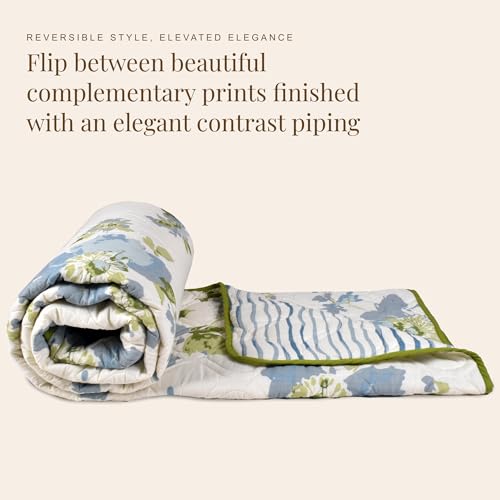 Image of HUESLAND Reversible AC Quilt Blanket Single Bed | 100% Cotton Quilted Shell, Super Soft 120 GSM Microfibre Wadding | Lightweight Comforter for All Weather Use | Floral Fusion - 55 x 88 inches