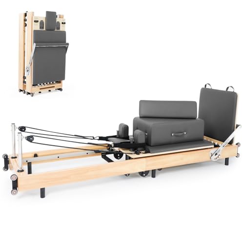Pilates Reformer, Foldable Reformer Pilates Machine, Wooden Pilates Equipment for Home Gym Women Men Workouts Bundle, Dual Resistance System (Springs + Latex), Jumpboard & Adjustable Foot