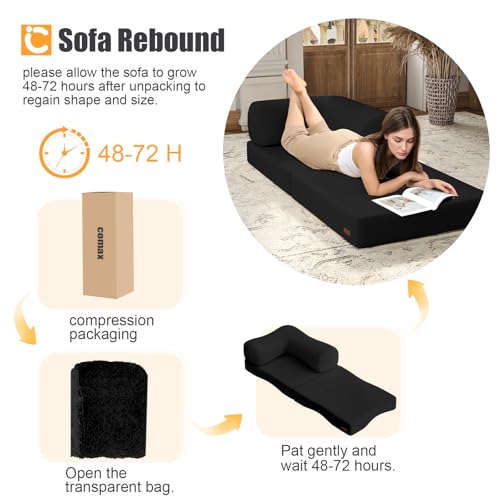 COMAX Folding Sofa Bed, Fold Out Chair Bed, Foldable Sofa, Convertible Sleeper for Adults, Futon Chair Single Small Floor Couch for Spaces, Bedroom Living Room Guest Room, Black