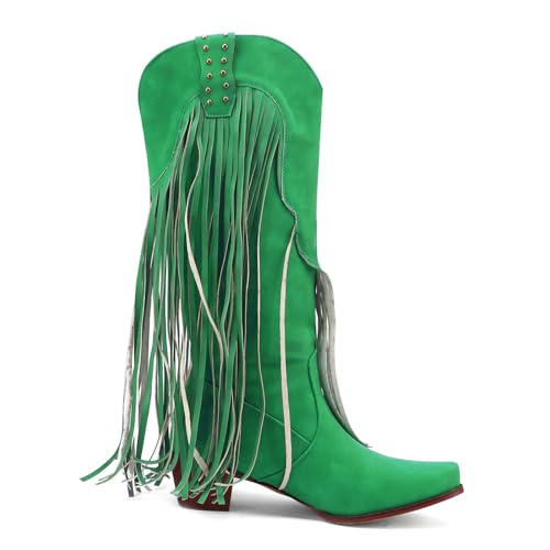Image of KiutSymo Mid Calf Fringe Boots For Women Cowboy Pointed Toe Chunky Heels Cowgirl Western Tassel Boots