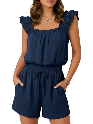 Yousify Rompers for Women Summer Casual Ruffle Sleeves Square Neck Drawstring Shorts Jumpsuit 2026 Beach Vacation Overalls