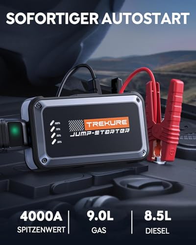 TREKURE 4000A Starthilfe Powerbank für Pkw (Bis Zu 9,0L Benzin Oder 8,5L Diesel) Kompakt Auto Starthilfe Powerbank mit LED Taschenlampe
