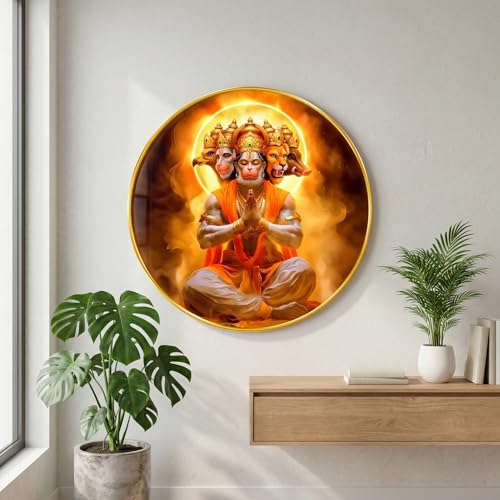 Image of SAF Panchmukhi Hanuman Wall Painting Round PVC Golden Frame Spiritual Hindu God Wall Decor for Living Room Temple Bedroom Pooja Room Religious Gift Item (23 x 23 Inch) GR-380