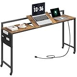 YATINEY Overbed Table with Wheels, Recliner Desk with Charging Station, Laptop Table with Adjustable Stand and Storage, Chair Table for Home, Dormitory, Sofa, Rustic Brown and Black SF13UBR