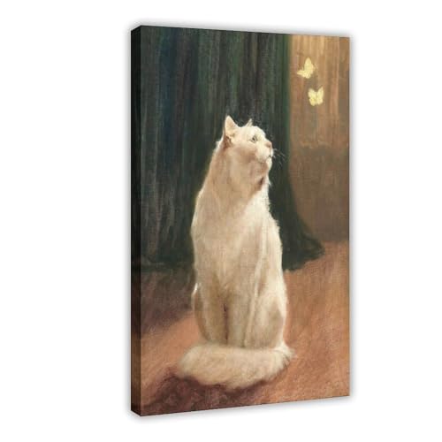 Impression sur Toile Chat Papillon Vintage Déco Murale Cottagecore Tableau Suspendu 61 cm