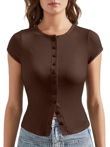 OMKAGI Women Button Down Ribbed Short Sleeve Shirts Fitted Knit Cropped Cardigan Sweaters