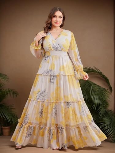Image of Spring Summer 2024 Plus Size Womens Dresses V Neck Casual Elegant Long Sleeve Floral Print Maxi Dress