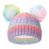 ACTLATI Kids Winter Knitted Beanie Hat Colorful Pompom Ears Ski Hat for Boy Girl(Ages 7-12)