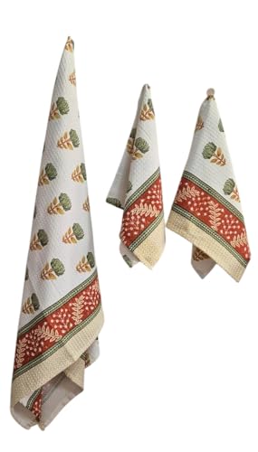 Image of Waffle Cotton Bath & Hand Towel, Hand Block Printed Towel for Bathroom, Quick Drying Towel for Men & Women, Eco Friendly Towel Daily use Towel Pack of 3 Pcs