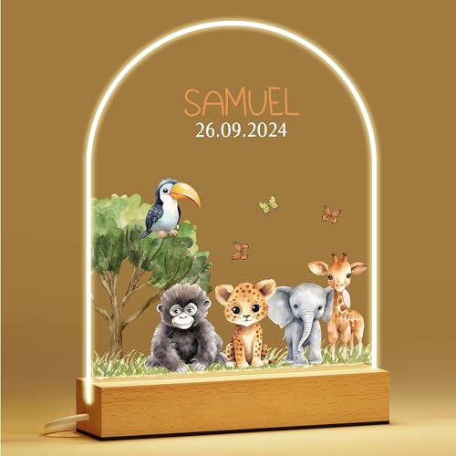 IOUMAM Personalised Night Light for Kids, Custom Name Lamp with Date for Boys Girls, Baby Gifts, Safari Jungle Animal Lamp, Kids Night Lights for Bedroom, Children's Room Decor, Baptism Gifts