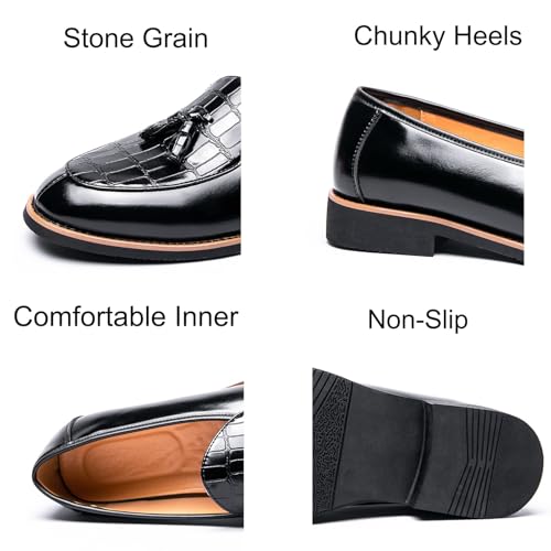Mens Retro Stone Grain Platform Slip-On Dress Tassels Loafer Shoes Round Toe Chunky Heels Non-Slip Casual Shoes for Formal Business Wedding2