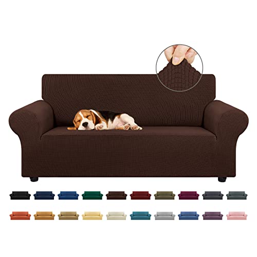 KEKUOU Stretch Loveseat Sofa Cover Slipcover,Couch Covers for 2 Cushion Couch Sofa (55"-78") Furniture Protector Sofa with Elastic Bottom for Kids,Dog. Jacquard Small Checked (Medium,Chocolate)