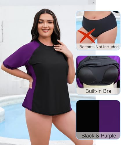 Halcurt Women's Plus Size Short Sleeve Rash Guard Swimsuit Top with Built in Bra Swim Shirt UPF50+ Bathing Suit3
