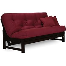 Nirvana Futons Arden Dark Espresso Near Black Futon Set Full or Queen Size - Armless Wood Futon Frame with Mattress Included Twill Burgundy, Modern Sofa Bed Sleeper