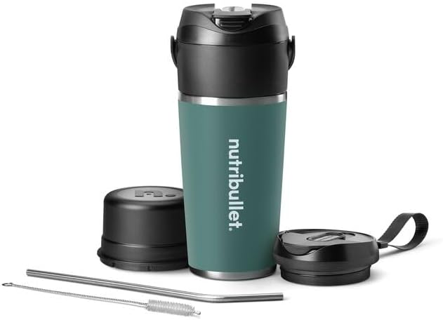 NutriBullet Flip Portable Blender with Insulated Cup in Eucalyptus color, showing the main unit, blade cover, to-go lid, stainless steel straws, and cleaning brush.