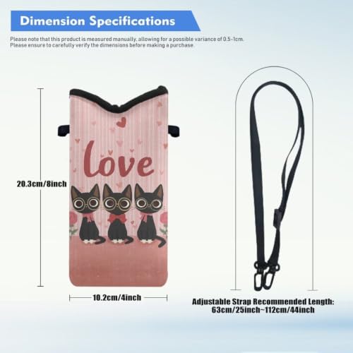 Image of Small Phone Bag Water-Resistant Crossbody Pouch with Adjustable Strap Cellphone Case Mini Satchel Fits Most Phones for Valentine's Day, Black Cat Rose Heart-Shaped Love Print Pink